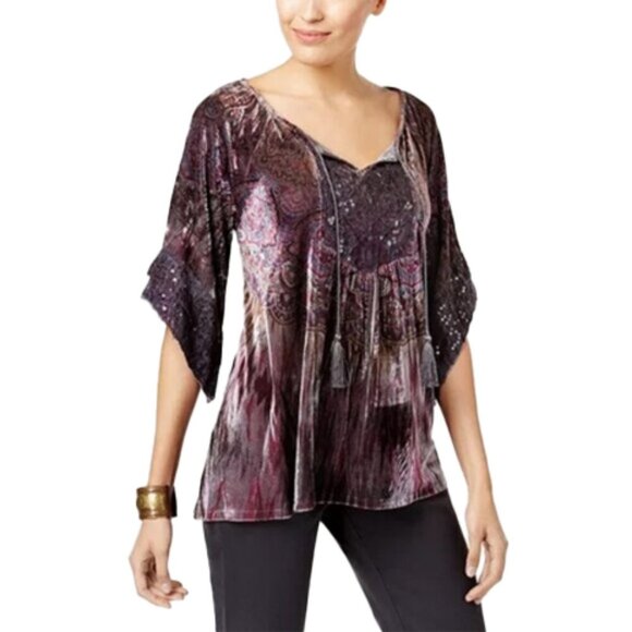 🆕 STYLE & CO. Printed Velvet Peasant Top Batwing Blouse Size 1X - Picture 1 of 5
